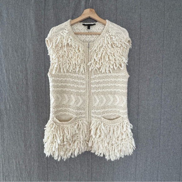BCBGMaxAzria  Cream Ecru Wool Alpaca Blend Fringe Double Zip Up Sweater Vest - Picture 1 of 14